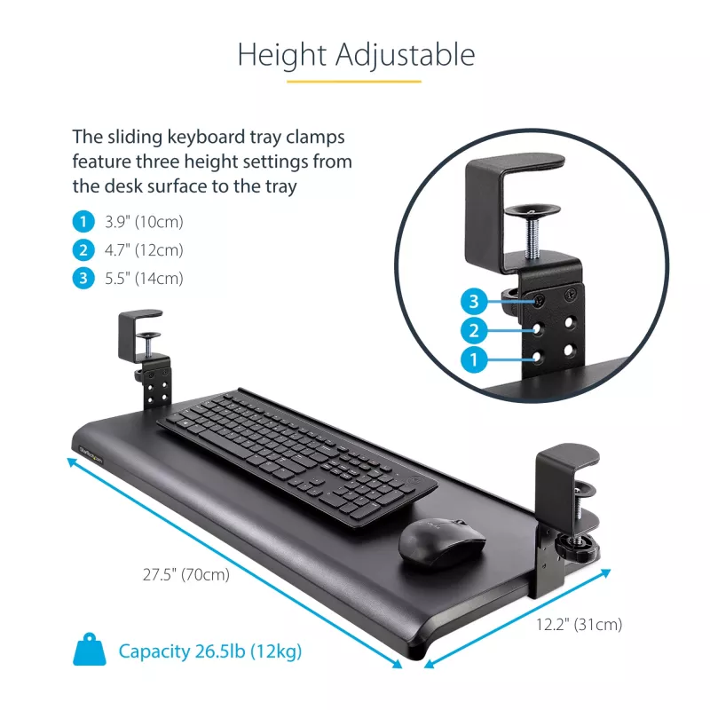 StarTech.com Under-Desk Keyboard Tray, Clamp-on Ergonomic Keyboard Holder, Sliding Keyboard and Mouse Drawer with C-Clamps, Height Adjustable, Supports up to 12kg (26.5lb), Black