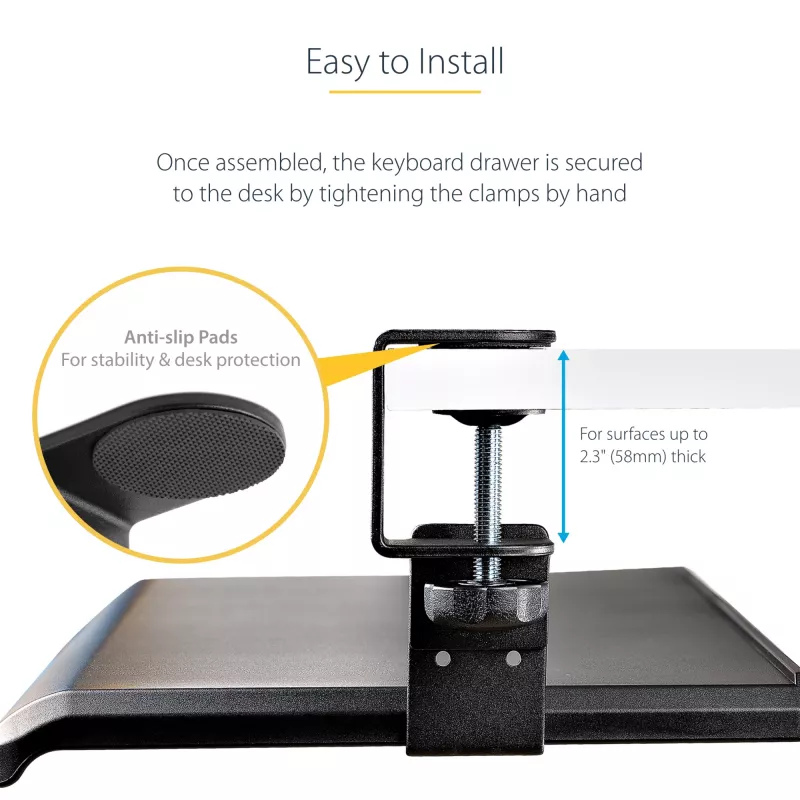 StarTech.com Under-Desk Keyboard Tray, Clamp-on Ergonomic Keyboard Holder, Sliding Keyboard and Mouse Drawer with C-Clamps, Height Adjustable, Supports up to 12kg (26.5lb), Black