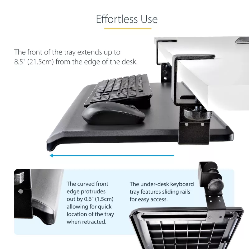 StarTech.com Under-Desk Keyboard Tray, Clamp-on Ergonomic Keyboard Holder, Sliding Keyboard and Mouse Drawer with C-Clamps, Height Adjustable, Supports up to 12kg (26.5lb), Black