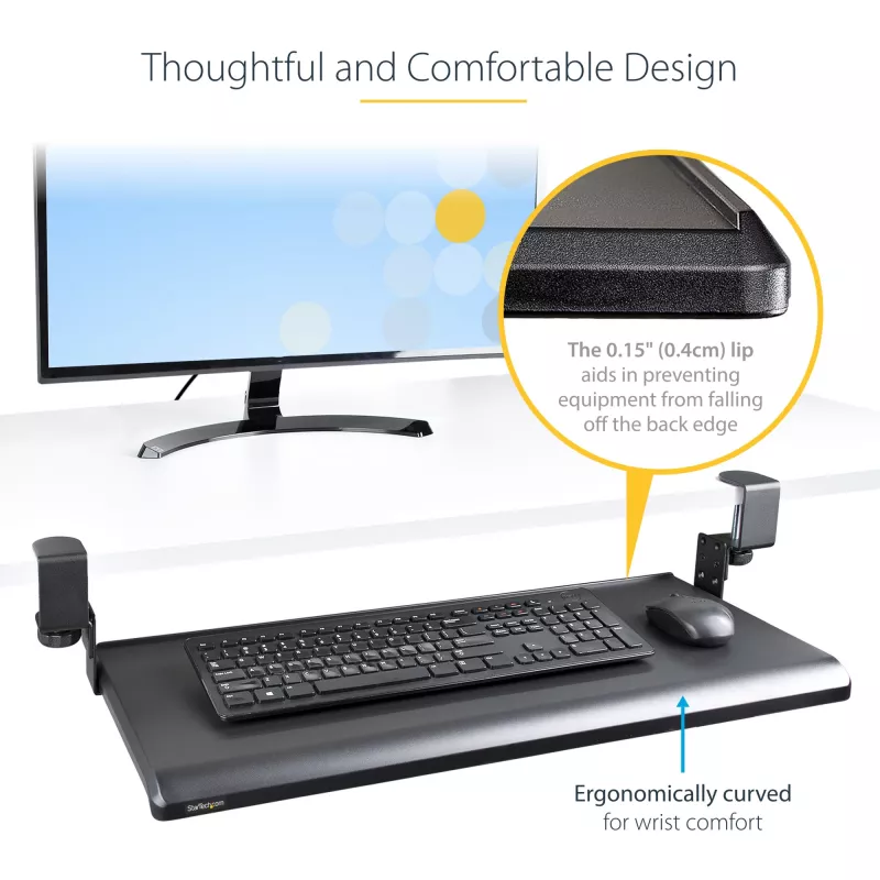 StarTech.com Under-Desk Keyboard Tray, Clamp-on Ergonomic Keyboard Holder, Sliding Keyboard and Mouse Drawer with C-Clamps, Height Adjustable, Supports up to 12kg (26.5lb), Black