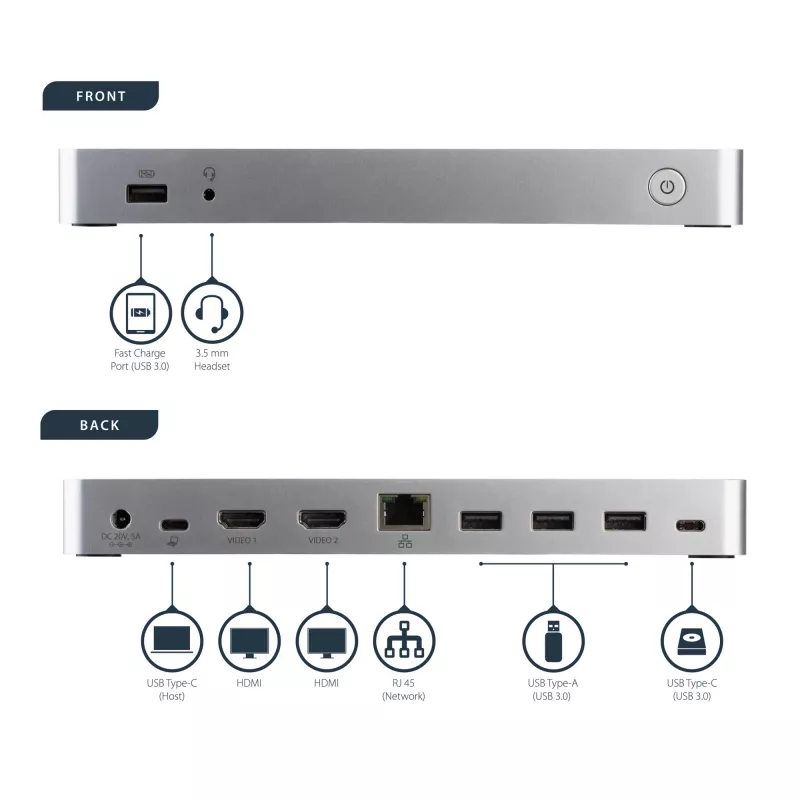 StarTech.com Dual Monitor USB C Docking Station with 60W Power Delivery for Windows Laptops - USB C to HDMI / DVI Dock - USB 3.1 Gen 1 Type C Dock w/ Charging - Thunderbolt 3 Compatible
