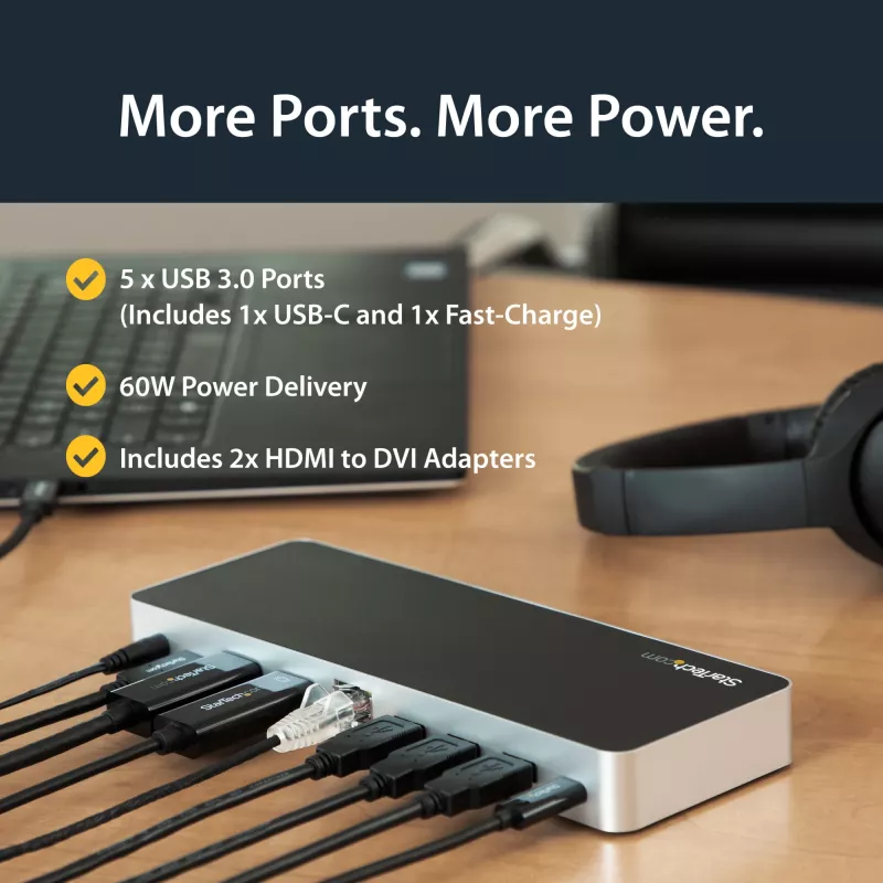 StarTech.com Dual Monitor USB C Docking Station with 60W Power Delivery for Windows Laptops - USB C to HDMI / DVI Dock - USB 3.1 Gen 1 Type C Dock w/ Charging - Thunderbolt 3 Compatible