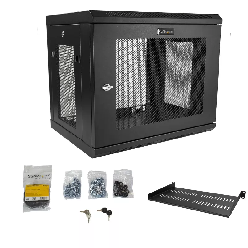 StarTech.com 2-Post 9U Wall Mount Network Cabinet with 1U Shelf, 19 inch Wall-Mounted Server Rack for Data / Networking / AV / Electronics / Computer Equipment, Small Vented Rack Enclosure
