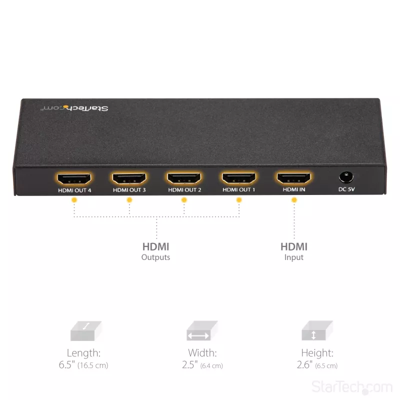 StarTech.com 4-Port HDMI Splitter - 4K 60Hz, HDMI, 4x HDMI, 3840 x 2160 pixels, Black, 4K Ultra HD, 60 Hz