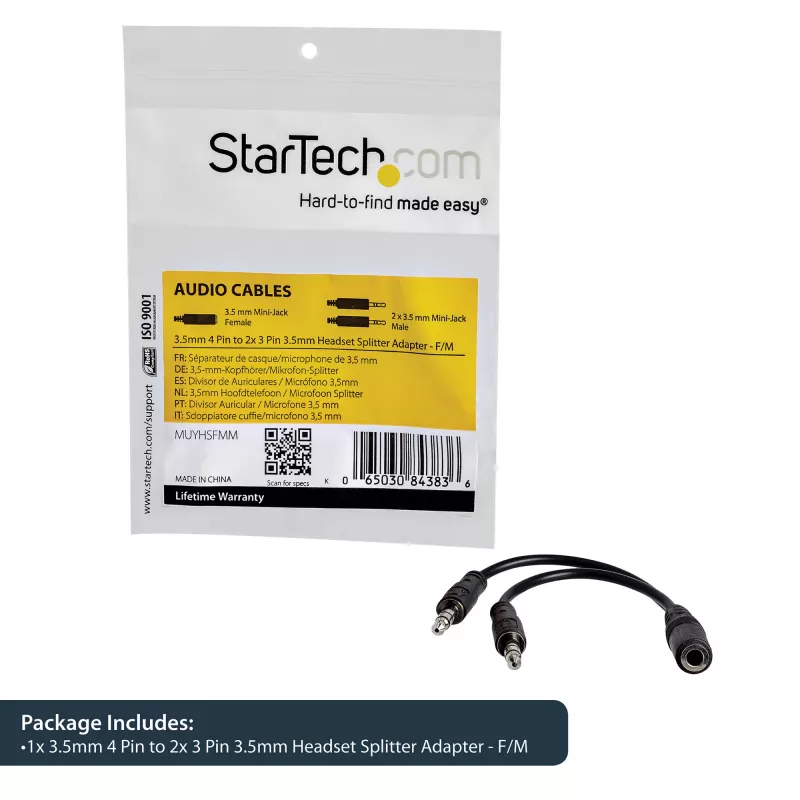 StarTech.com 3.5mm 4 Position to 2x 3 Position 3.5mm Headset Splitter Adapter - F/M