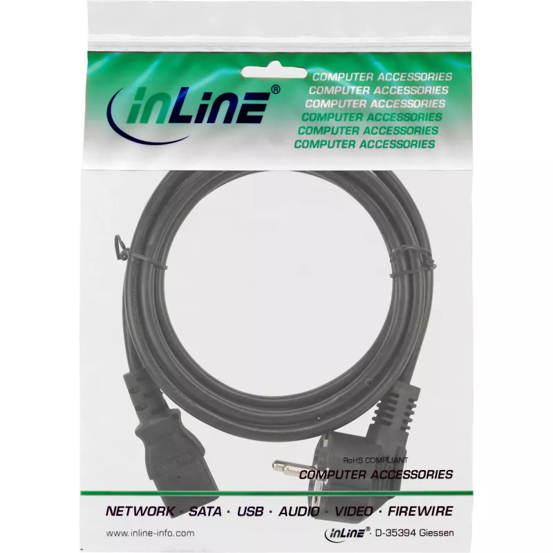 InLine power cable, CEE 7/7 angled / 3pin IEC C13 male, 0.3m