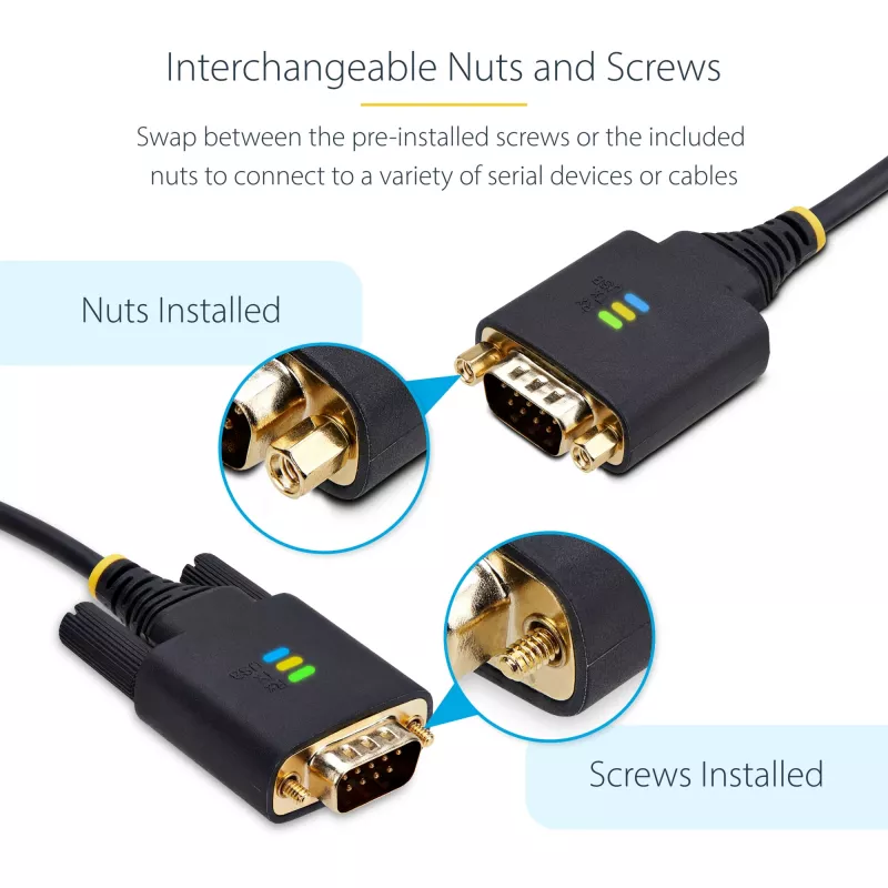 StarTech.com 3ft (1m) USB to Serial Adapter Cable, COM Retention, Interchangeable Screws/Nuts, USB-A to DB9 RS232, FTDI IC, ESD Protection, Windows/macOS/Linux