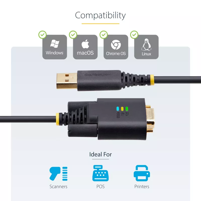 StarTech.com 3ft (1m) USB to Serial Adapter Cable, COM Retention, Interchangeable Screws/Nuts, USB-A to DB9 RS232, FTDI IC, ESD Protection, Windows/macOS/Linux