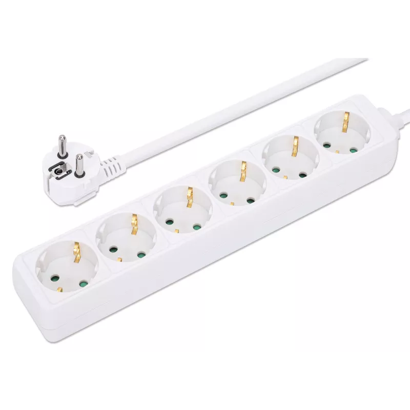Manhattan Power Distribution Unit EU (2-pin), x6 gang/output, 2m cable, 16A, White, Extension Lead, PDU, Power Strip, Three Year Warranty