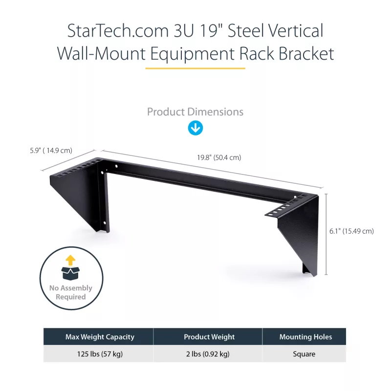 StarTech.com 3U 19 inch Wall Mount Vertical Rack Bracket, Black, 150lb Capacity