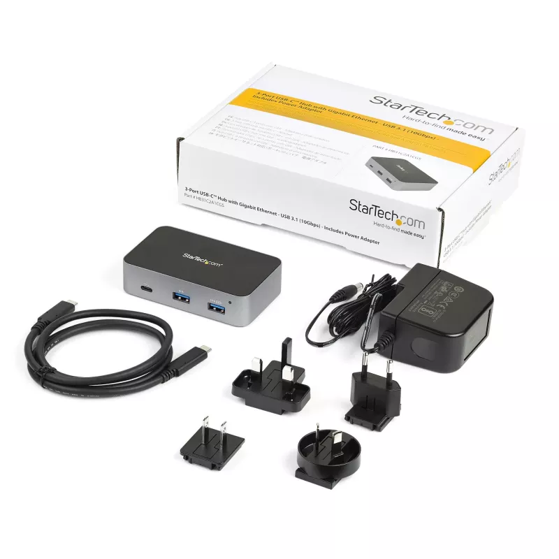 StarTech.com HB31C2A1CGS 3-Port USB-C Hub with Gigabit Ethernet, USB 3.1 Gen 2 10Gbps, 2x USB-A + 1x USB-C, 1 m Host Cable, Powered with Power Adapter
