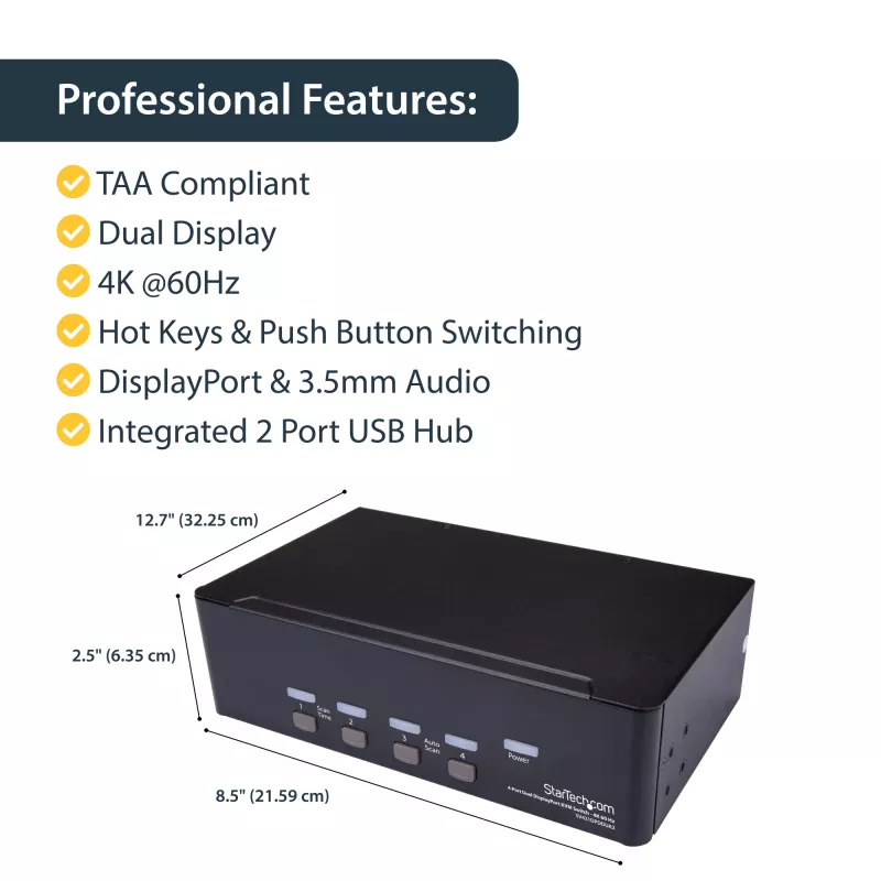 StarTech.com 4-Port Dual DisplayPort KVM Switch - 4K 60Hz, 3840 x 2160 pixels, 4K Ultra HD, Rack mounting, 18 W, 2U, Black