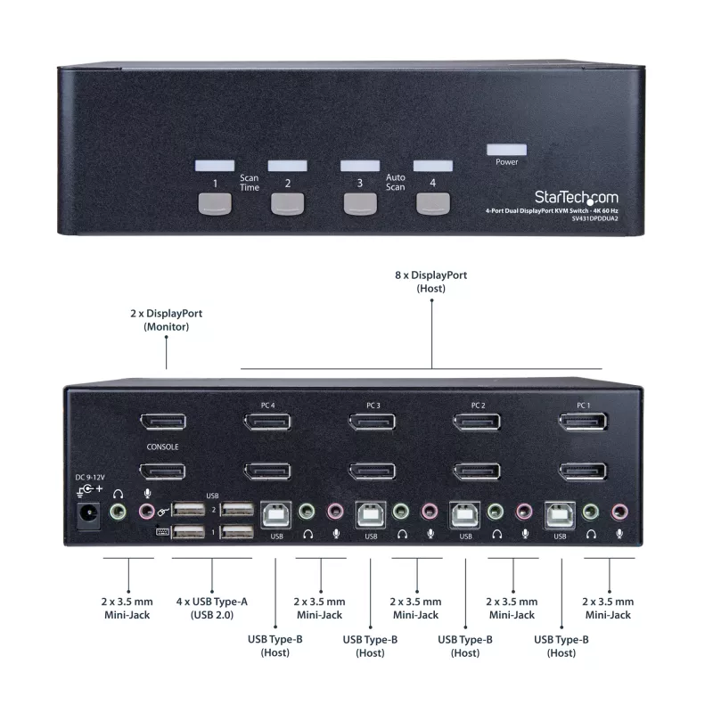 StarTech.com 4-Port Dual DisplayPort KVM Switch - 4K 60Hz, 3840 x 2160 pixels, 4K Ultra HD, Rack mounting, 18 W, 2U, Black