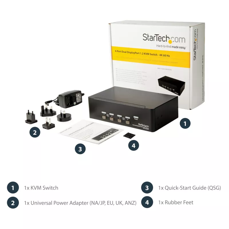 StarTech.com 4-Port Dual DisplayPort KVM Switch - 4K 60Hz, 3840 x 2160 pixels, 4K Ultra HD, Rack mounting, 18 W, 2U, Black