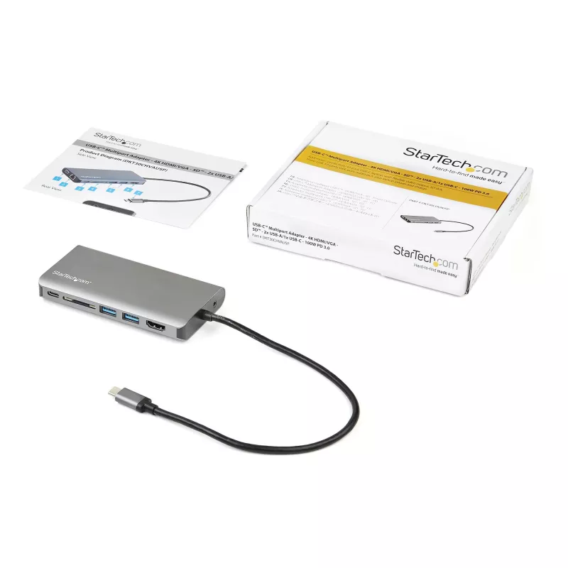 StarTech.com USB C Multiport Adapter - USB-C Mini Travel Dock w/ 4K HDMI or 1080p VGA - 3x USB 3.0 Hub, SD, GbE, Audio, 100W PD Pass-Through - Portable Docking Station for Laptop/Tablet