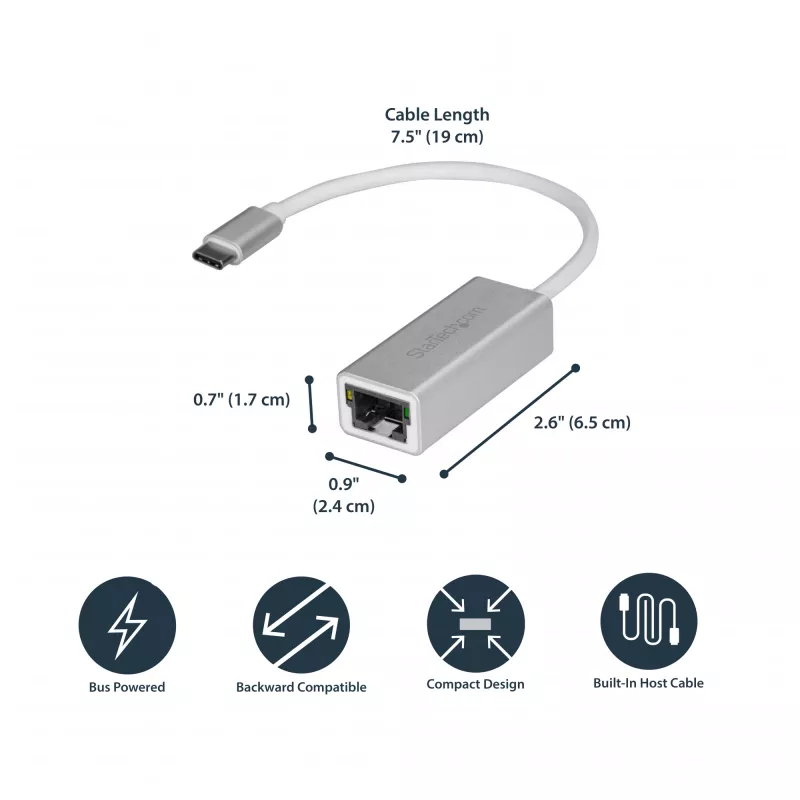 StarTech.com USB-C to Gigabit Network Adapter - Silver, Wired, USB, Ethernet, 5000 Mbit/s, Silver
