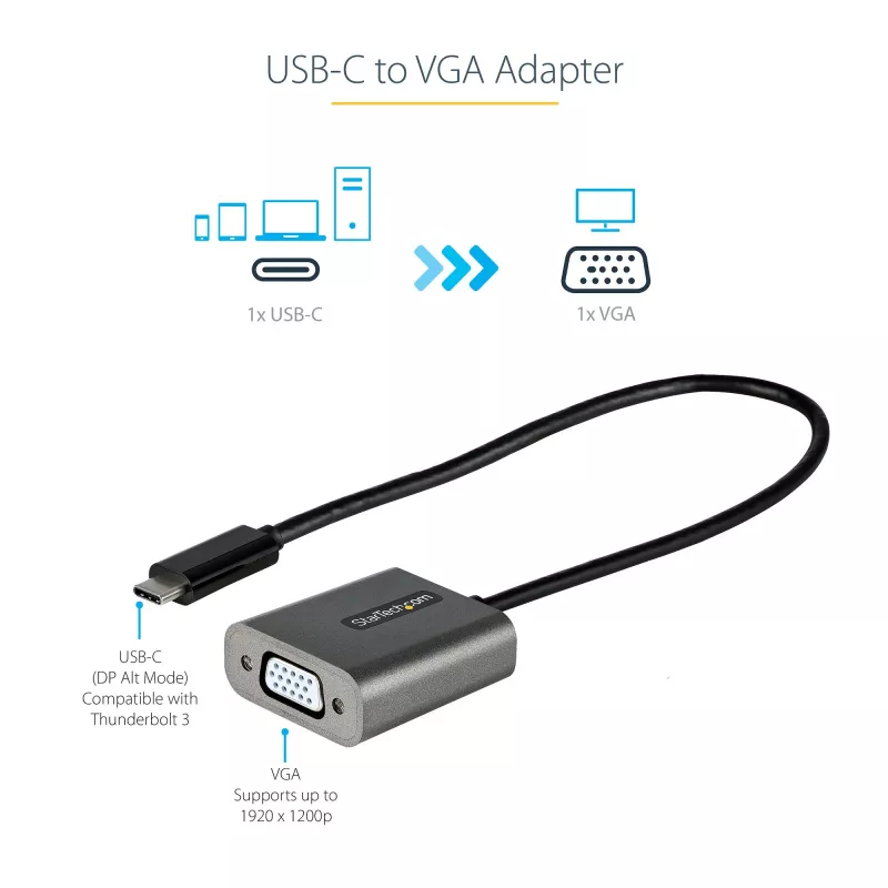 StarTech.com USB C to VGA Adapter - 1080p USB Type-C to VGA Adapter Dongle - USB-C (DP Alt Mode) to VGA Monitor/Display Video Converter - Thunderbolt 3 Compatible - 12 inch Long Attached Cable - Upgraded Version of CDP2VGA