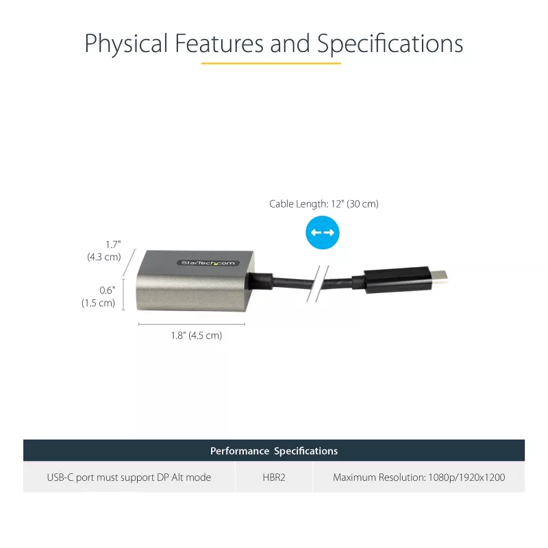 StarTech.com USB C to VGA Adapter - 1080p USB Type-C to VGA Adapter Dongle - USB-C (DP Alt Mode) to VGA Monitor/Display Video Converter - Thunderbolt 3 Compatible - 12 inch Long Attached Cable - Upgraded Version of CDP2VGA