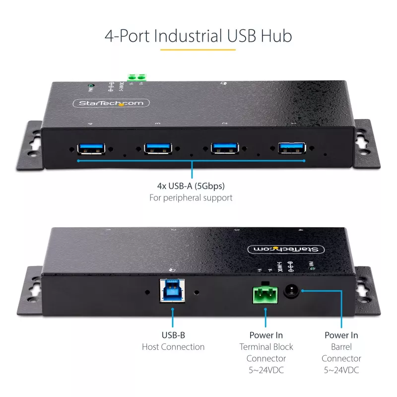 StarTech.com 4-Port Industrial USB 3.0 5Gbps Hub, Rugged USB Hub with ESD Protection, DIN/Wall/Desk Mountable USB-A Hub, USB Expander w/Locking Ports, Heavy Duty - TAA