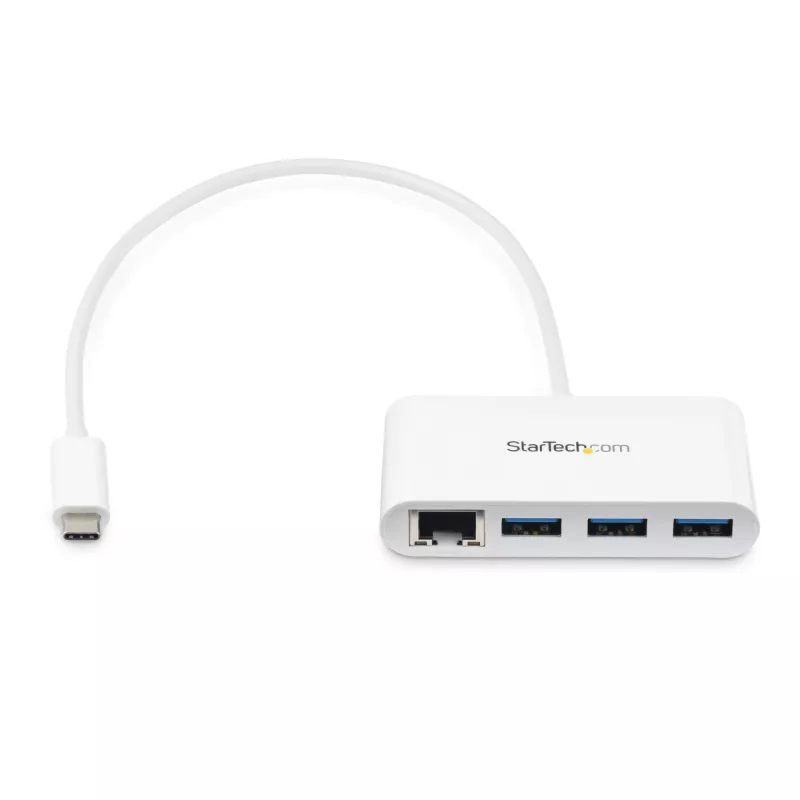 StarTech.com 3-Port USB-C Hub with Gigabit Ethernet - USB-C to 3x USB-A - USB 3.0 Hub - White~3-Port USB-C Hub with Gigabit Ethernet - USB-C to 3x USB-A - USB 3.0 Hub - 5Gbps - White