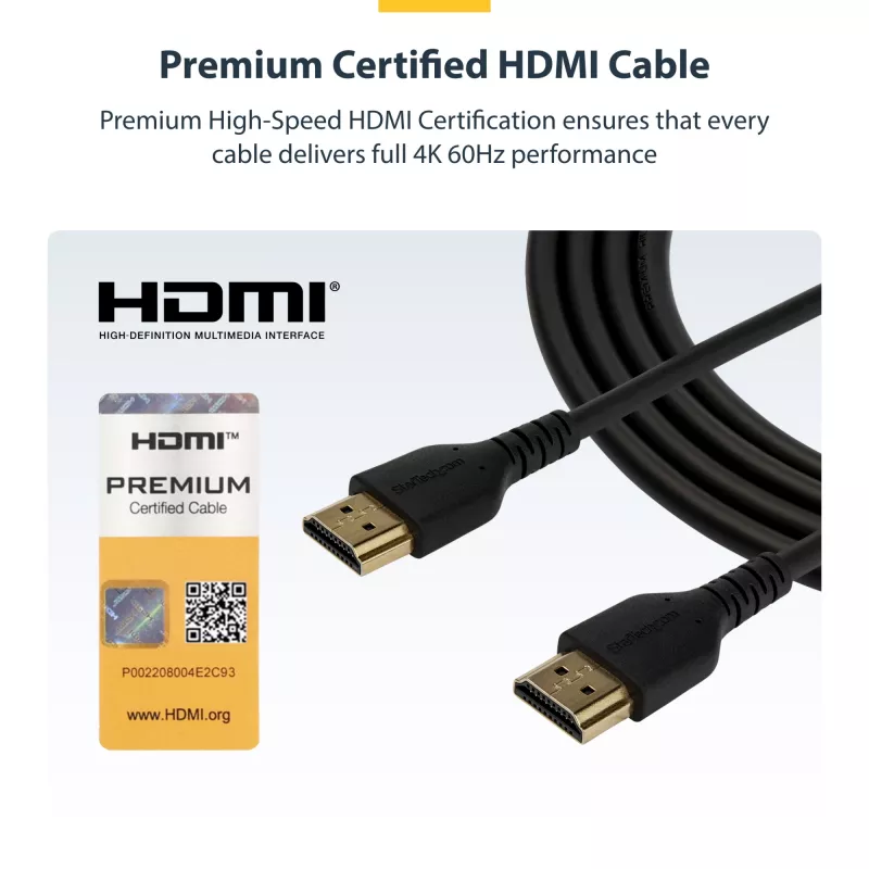 StarTech.com 3ft (1m) Slim HDMI 2.0 Cable, Flexible Premium Certified HDMI Cord with Ethernet, UHD 4K 60Hz HDR10, Durable Aramid Fiber Design with TPE Jacket