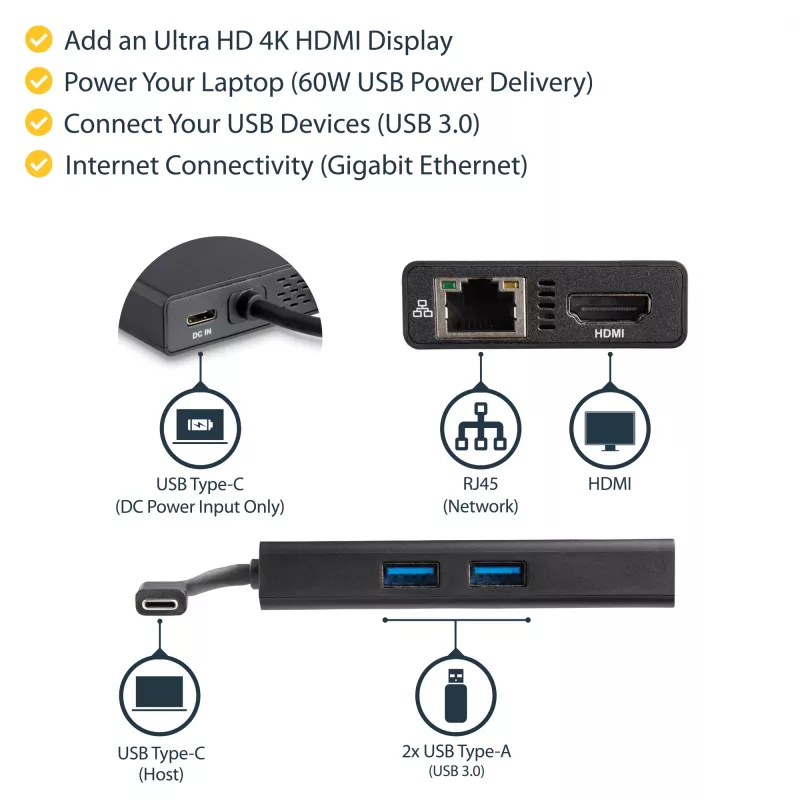 StarTech.com USB-C Multiport Adapter - USB-C Travel Docking Station with 4K HDMI - 60W Power Delivery Pass-Through, GbE, 2pt USB-A 3.0 Hub - Portable Mini USB Type-C Dock for Laptop