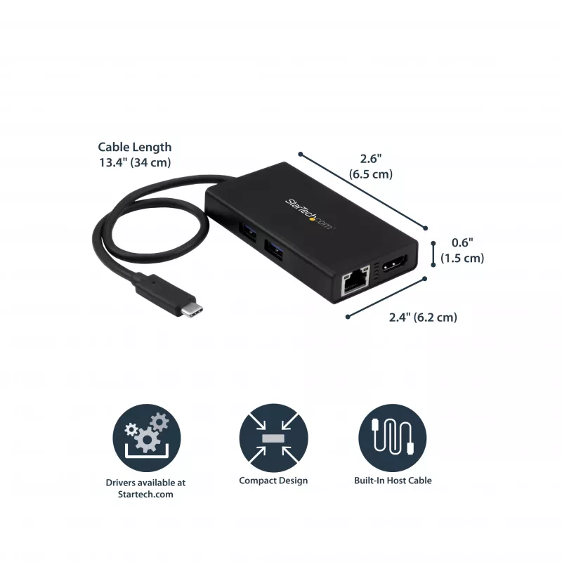 StarTech.com USB-C Multiport Adapter - USB-C Travel Docking Station with 4K HDMI - 60W Power Delivery Pass-Through, GbE, 2pt USB-A 3.0 Hub - Portable Mini USB Type-C Dock for Laptop