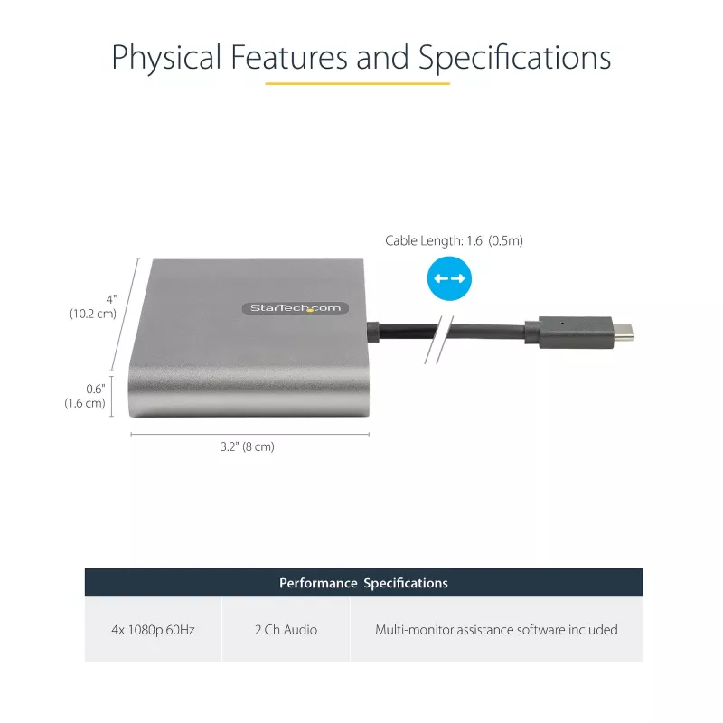 StarTech.com USB C to Quad HDMI Adapter, USB-C to 4x HDMI Monitor Converter for Windows (no support for macOS/ChromeOS/Linux) - TAA