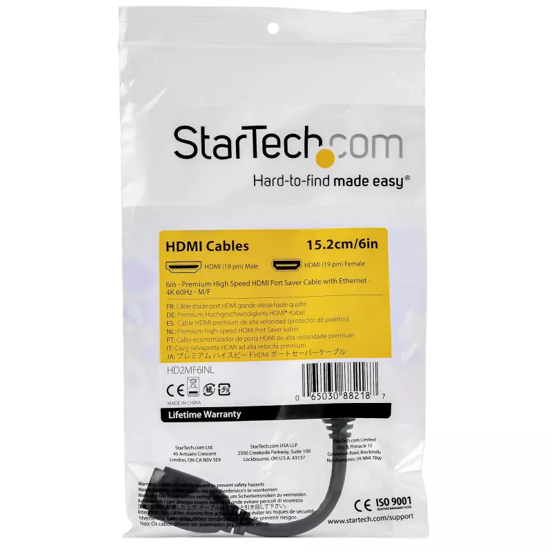StarTech.com 6 inch (15cm) HDMI Port Saver Cable - 4K 60Hz High Speed HDMI 2.0 Extension Cable with Ethernet - Short HDMI Extension Cable - HDMI Male to Female Extension Adapter Cord