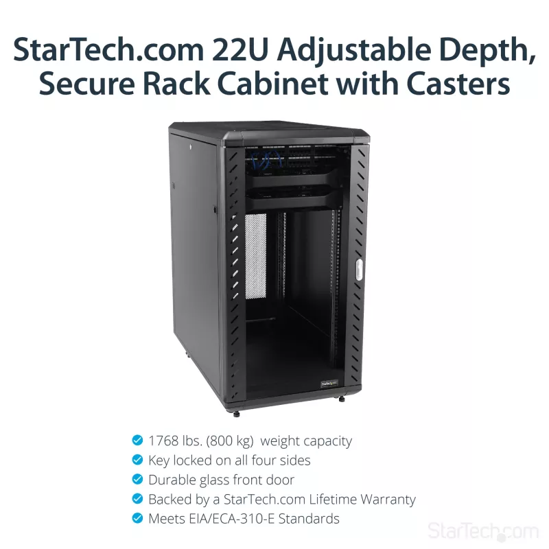 StarTech.com 4-Post 22U Server Rack Cabinet, Lockable 19 inch Data Rack Cabinet for Computer / AV / IT Equipment, Office / Home Network Rack with Casters & Adjustable Mounting Rails