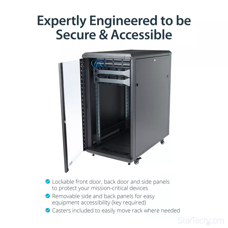 StarTech.com 4-Post 22U Server Rack Cabinet, Lockable 19 inch Data Rack Cabinet for Computer / AV / IT Equipment, Office / Home Network Rack with Casters & Adjustable Mounting Rails