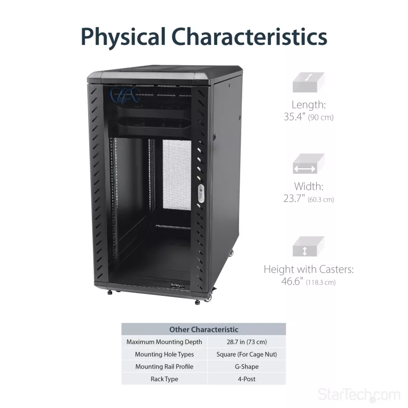 StarTech.com 4-Post 22U Server Rack Cabinet, Lockable 19 inch Data Rack Cabinet for Computer / AV / IT Equipment, Office / Home Network Rack with Casters & Adjustable Mounting Rails