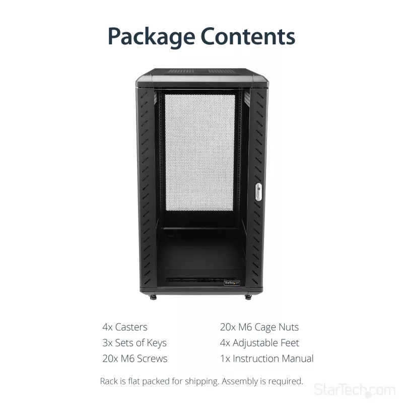 StarTech.com 4-Post 22U Server Rack Cabinet, Lockable 19 inch Data Rack Cabinet for Computer / AV / IT Equipment, Office / Home Network Rack with Casters & Adjustable Mounting Rails