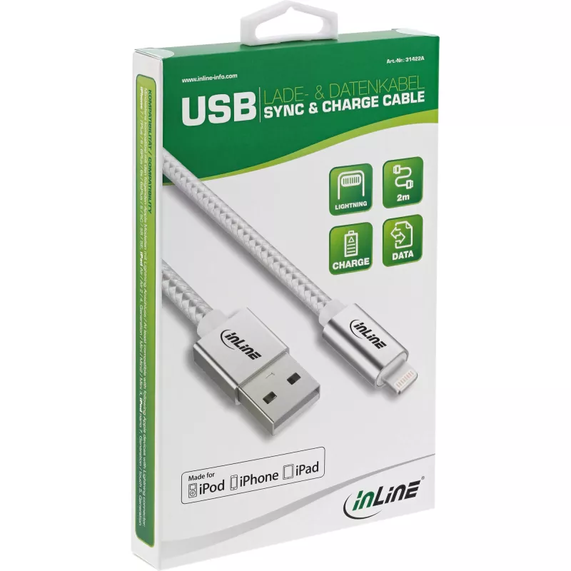 InLine Lightning USB Cable, for iPad, iPhone, iPod, silver/alu 2m MFi-certified