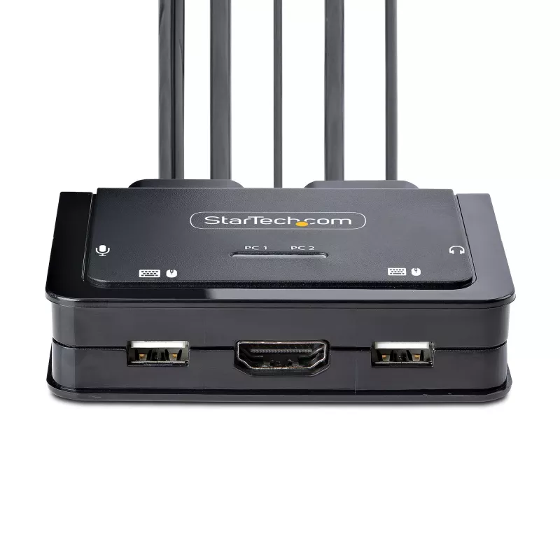 StarTech.com 2-Port Hybrid USB-C HDMI Cable KVM Switch, 4K 60Hz, Compact KVM with 6ft/1.8m USB-A/HDMI/Audio & 4ft/1.2m USB-C Integrated Host Cables, Bus Powered - Remote Push Button/Hotkey Switching