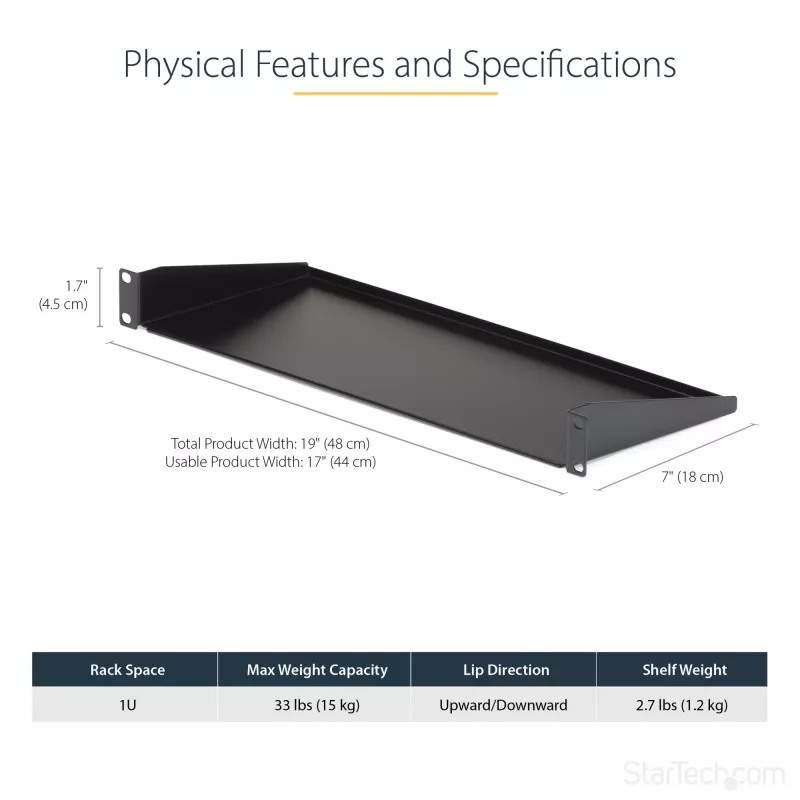 StarTech.com 1U Server Rack Shelf, Universal Rack Mount Cantilever Tray for 19 inch Network Equipment Rack/Cabinet, Heavy Duty Steel, Weight Capacity 33lb/15kg, 7in (18cm) Deep