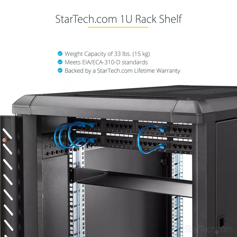 StarTech.com 1U Server Rack Shelf, Universal Rack Mount Cantilever Tray for 19 inch Network Equipment Rack/Cabinet, Heavy Duty Steel, Weight Capacity 33lb/15kg, 7in (18cm) Deep