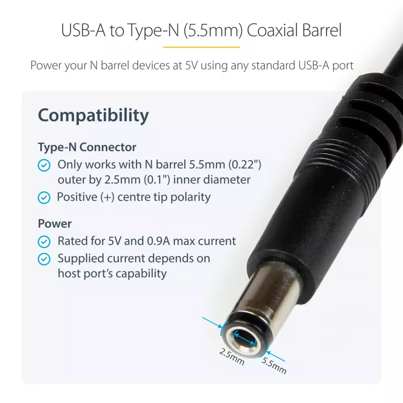 StarTech.com USB to 5.5mm Power Cable - Type N Barrel - 1m, 1 m, USB A, Barrel type N