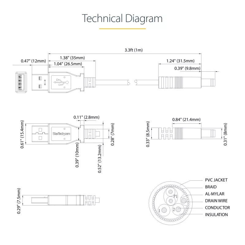 StarTech.com USB to 5.5mm Power Cable - Type N Barrel - 1m, 1 m, USB A, Barrel type N