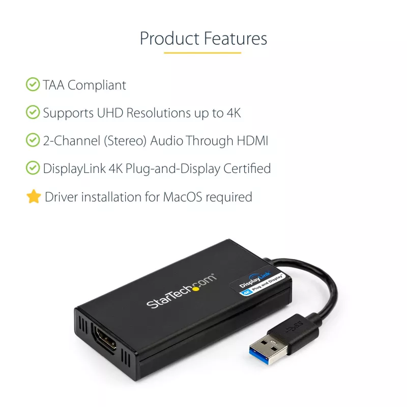 StarTech.com USB 3.0 to HDMI Adapter - 4K 30Hz Ultra HD - DisplayLink Certified - USB Type-A to HDMI Display Adapter Converter for Monitor - External Video & Graphics Card - Mac & Windows