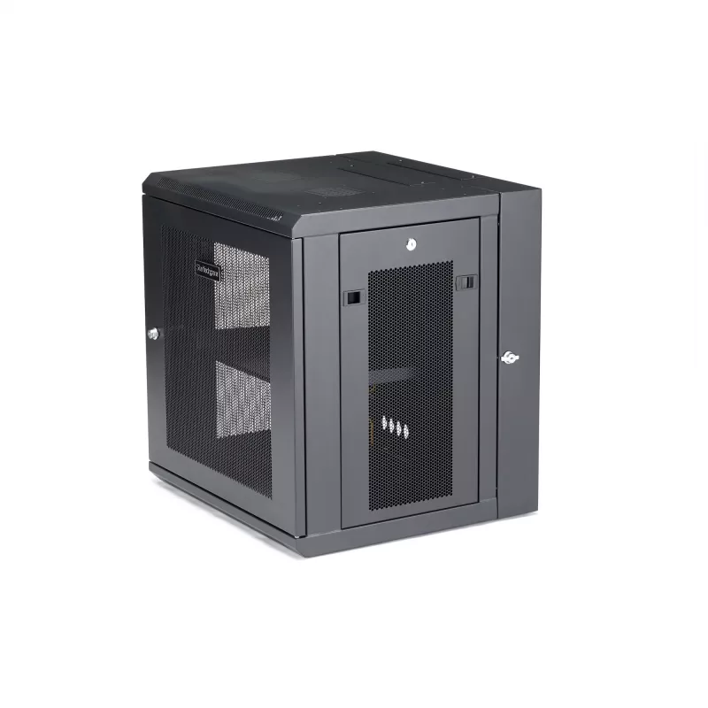 StarTech.com 12U 4-Post Wall Mount Network Cabinet with 1U Shelf, 19 inch Hinged Server Rack Enclosure, Black