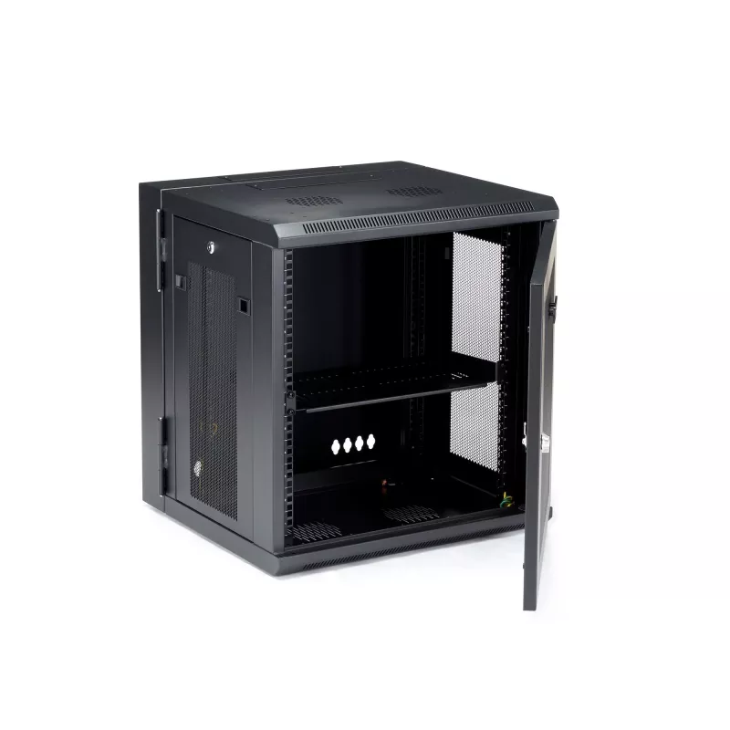 StarTech.com 12U 4-Post Wall Mount Network Cabinet with 1U Shelf, 19 inch Hinged Server Rack Enclosure, Black