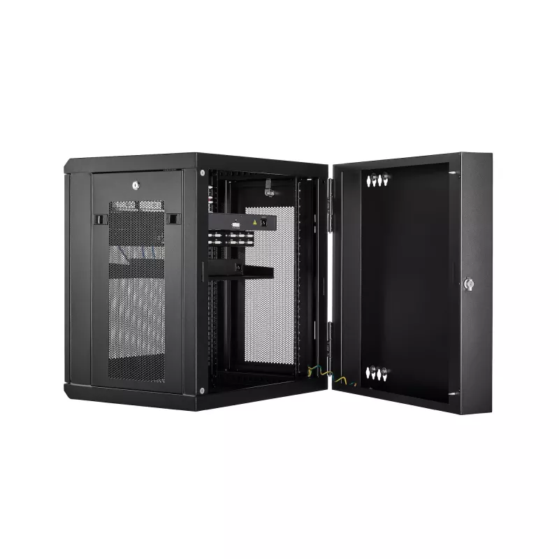 StarTech.com 12U 4-Post Wall Mount Network Cabinet with 1U Shelf, 19 inch Hinged Server Rack Enclosure, Black