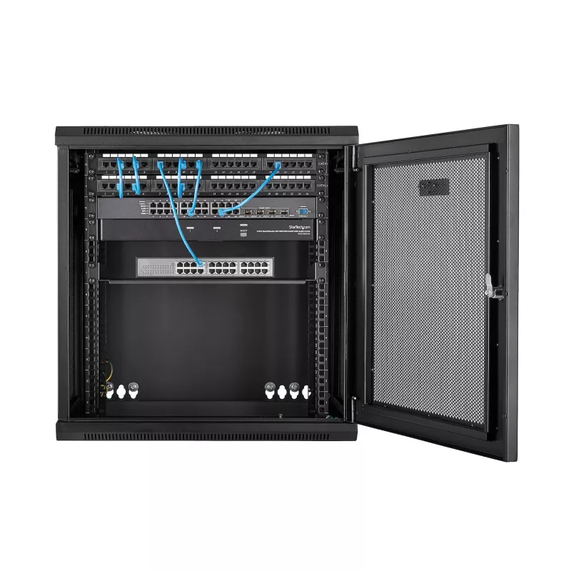 StarTech.com 12U 4-Post Wall Mount Network Cabinet with 1U Shelf, 19 inch Hinged Server Rack Enclosure, Black