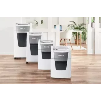 Paper shredder LEITZ IQ Autofeed Small Office 100, cross‑cut P-4, 8-sheet, 22 cm feed, 34 L bin, grey