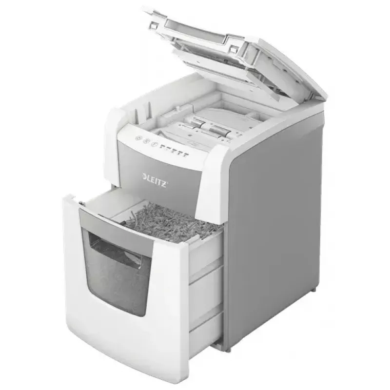 Paper shredder LEITZ IQ Autofeed Small Office 100, cross‑cut P-4, 8-sheet, 22 cm feed, 34 L bin, grey