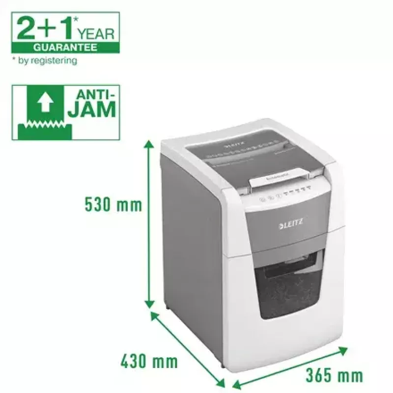 Paper shredder LEITZ IQ Autofeed Small Office 100, cross‑cut P-4, 8-sheet, 22 cm feed, 34 L bin, grey