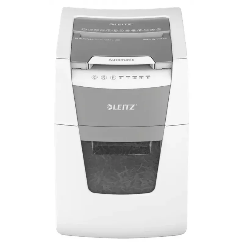 Paper shredder LEITZ IQ Autofeed Small Office 100, cross‑cut P-4, 8-sheet, 22 cm feed, 34 L bin, grey