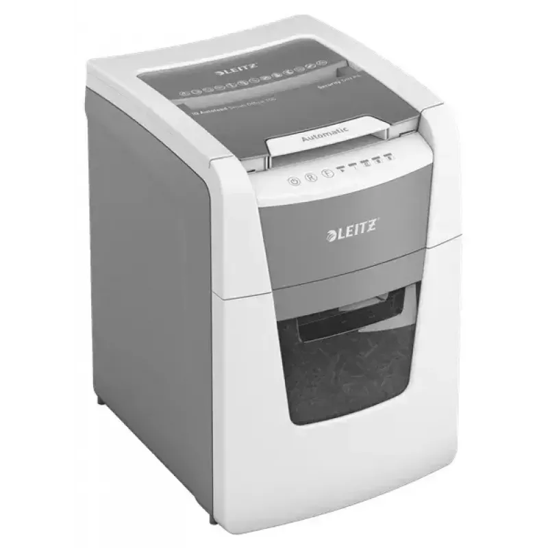 Paper shredder LEITZ IQ Autofeed Small Office 100, cross‑cut P-4, 8-sheet, 22 cm feed, 34 L bin, grey