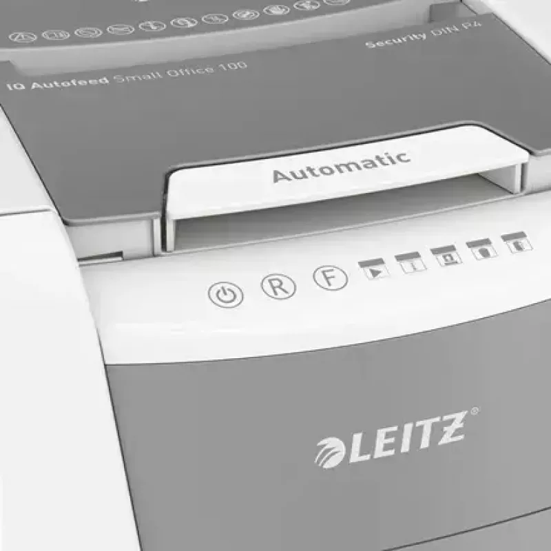 Paper shredder LEITZ IQ Autofeed Small Office 100, cross‑cut P-4, 8-sheet, 22 cm feed, 34 L bin, grey